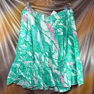Green Abstract Print Ruffle Hem square dancing circle Skirt. C3